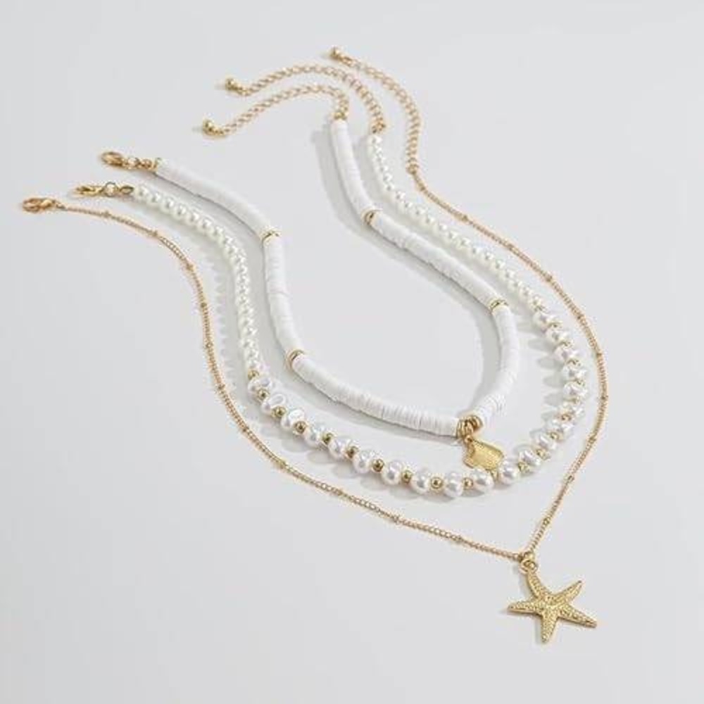Gold Layered Necklace Set Faux Pearl Starfish Shell Beach Jewelry 3pc